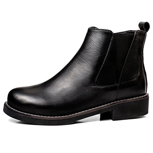 Hecater Women's Leather Work Martin Walking Boots - Black Block Low Heel Round Toe Ankle Booties For Women - Cowboy Side Zipper Womens Elastic Slip On Mid Calf Flats Shoes Size 8.5