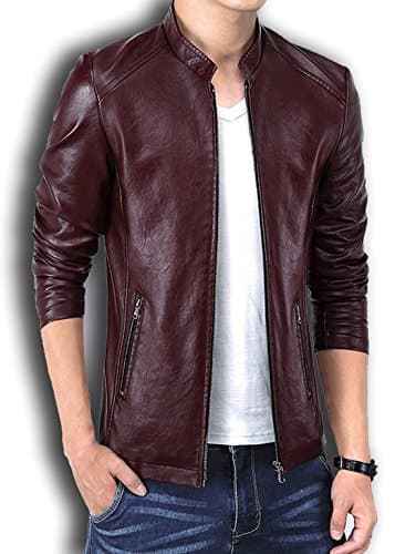 Wolfhowl Winter PU Leather Men Jacket Standing Collar Jackets Coat Wine Red US S