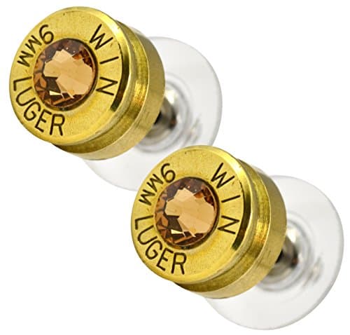 LoriDavidson Designer Brass 9mm Bullet Shell Swarovski Crystal Stud Earrings
