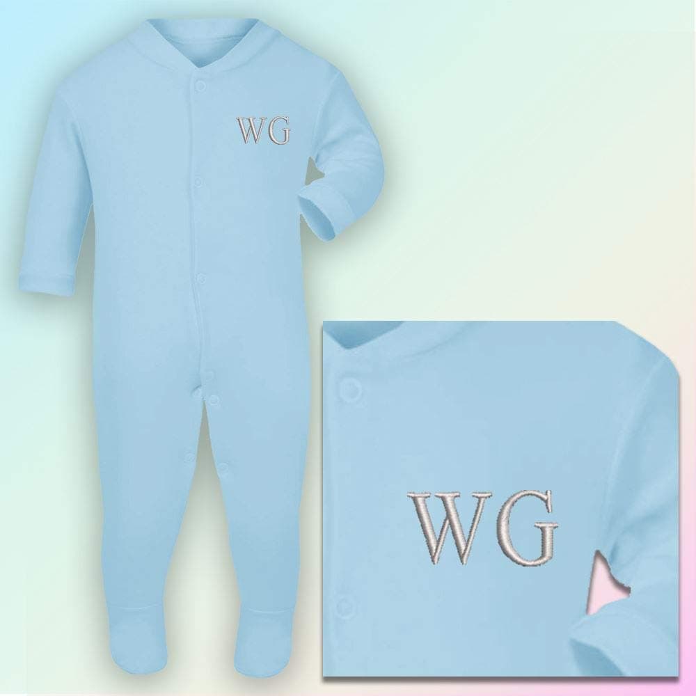 Initials - Embroidered Sleepsuit in Baby Blue - Newborn - Light Grey Thread