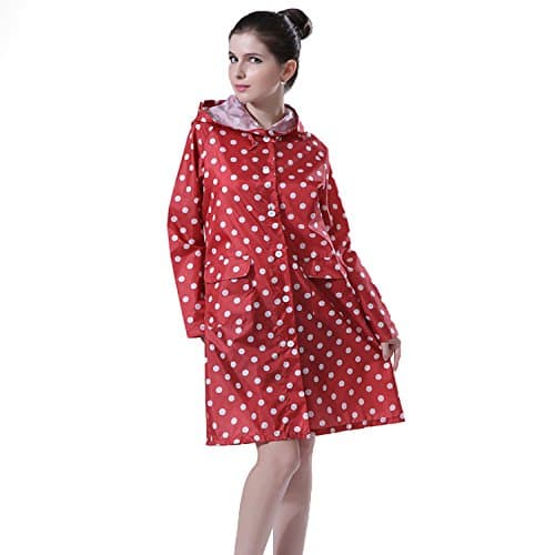 Aeman Women's Raincoat Waterproof Portable Outdoor Dot Long Rain Jacket Poncho with hood and Zip (Red)