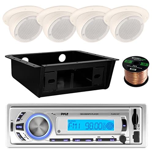 Pyle Bluetooth Marine USB/SD/MP3 Receiver Head Unit, 4X Magnadyne 3" Tan Ceiling Mount Speakers, Metra Dash Install Kit, Enrock 16-Gauge 50 Foot Speaker Wire