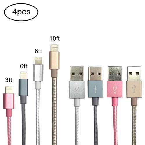 Lightning Cable, ZIKO 4 Pack 3FT 6FT 6FT 10FT Charging Cable USB Sync Cable Nylon Braided Cord to USB Charging for iPhone 7/7 Plus7/6/6 Plus/6s/6s Plus/5/5s/5c/SE/iPad Rose /Silver/Grey/Gold