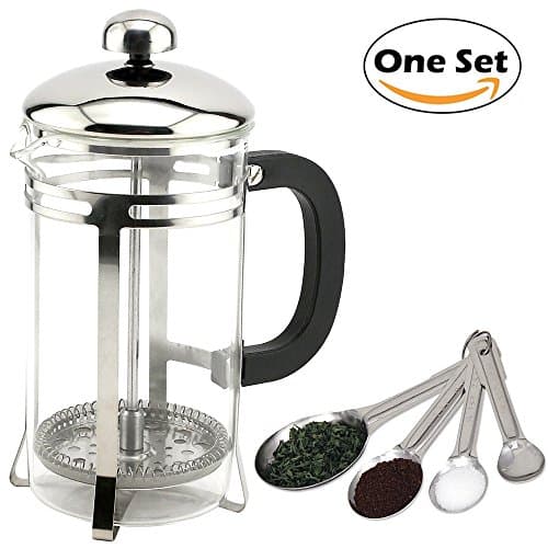 French Press Coffee and Tea Maker 20 Oz (600 ml) Proper Coffee Press Brewer Pot (Stainless Steel, Heat-Resistant Glass) with Measuring Spoon Set