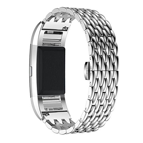 For Fitbit Charge 2 Strap, AISPORTS Fitbit Charge 2 Stainless Steel Fish-scale Pattern Band Smart Watch Replacement Straps Metal Bracelet Buckle Clasp for Fitbit Charge 2 Fitness Accessories - Silver