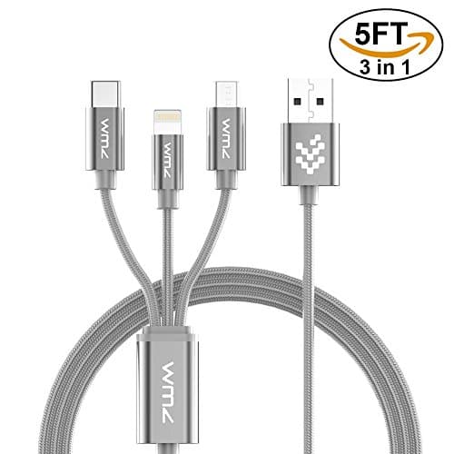 Multi Charger Cable,WMZ 3 in 1 USB Mutiple Charging Cable 3.3 FT with Lightning,Micro USB,USB C Connectors for Android and iPhone Ports for iPhone 8,8 Plus,7,7 Plus,6,6S,iPad,Macbook,Samsung Galaxy S8