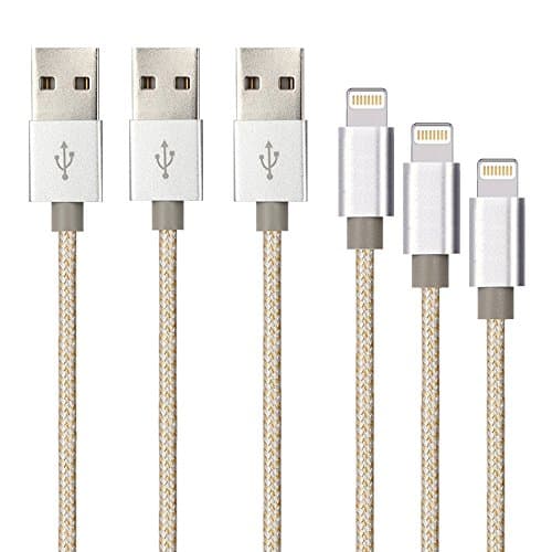 iPhone Charger, 3-Pack 3Ft 6Ft 10Ft Mingu, Nylon Braided Cord Lightning Cable to USB Charging Cable for iPhone 7 7 Plus 6s 6 5s 5c 5 SE, iPad Pro, Air, iPad mini 4 3 2, iPod Nano/Touch - Gold &amp; Silver