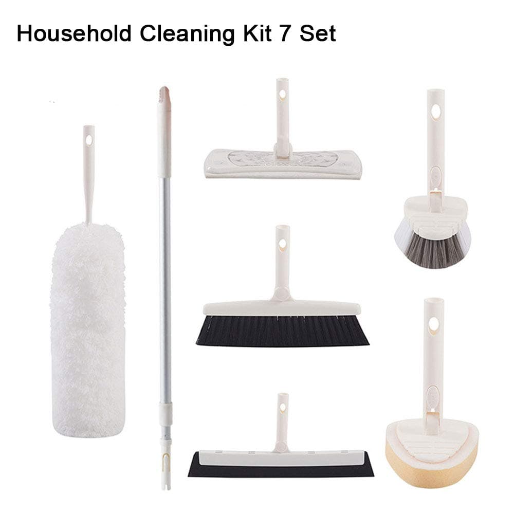 YGZN Household Cleaner Kit 7 Set ! A bendable Microfiber Duster,Sponge for Bathroom,Windshield Wiper，Brush for Tile,Broom,Floor Rub with Telescoping Pole (White)