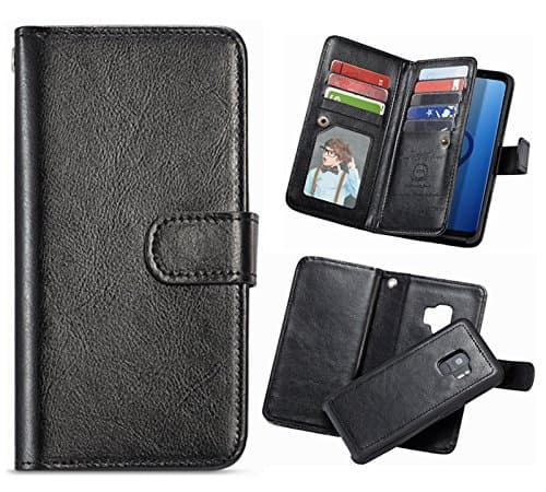 Galaxy S9 Plus Wallet Case,HYSJY S9 Plus PU Leather Detachable Magnetic 9 Card Slots Holder for Women With Shockpfoof flip Slim Cover Shell Cash Pocket Fit Samsung Galaxy S9Plus 6.2inch (9 Card-Black)