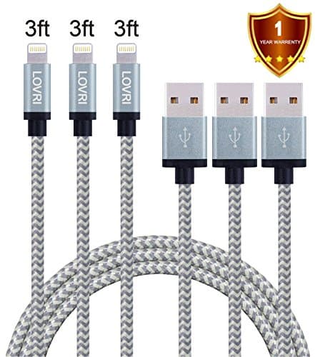 LOVRI 3 Pack 3FT Nylon Braided 8Pin Lightning to USB Cable Charging and Sync Cord with Aluminum Connector for iPhone 7/7 Plus/6/6 Plus/6s/6s Plus /5/5s/5c/SE/iPad/iPod and More (Gray)