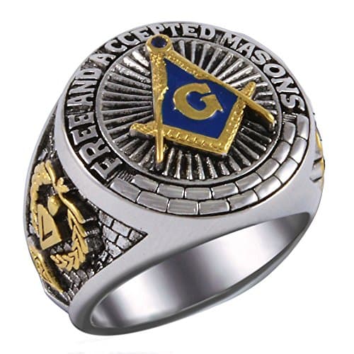 Square And Compass Masonic Blue Stone Free and Accepted Masons Ring White Version 18k Gold Pld BR-17