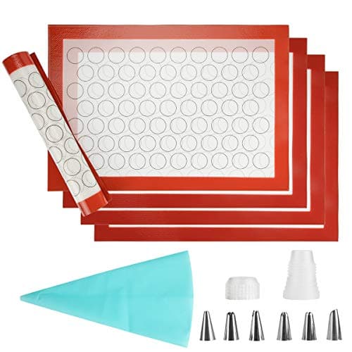 Silicone Baking Mat Sheet Set - Set of 5 Sheet Cooking Mat Non-Stick Trays & Rolling Macaron Cake Bread Making Professional Grade Silicone Liners for Microwave Toaster Oven Tray Pan Thick Large Size