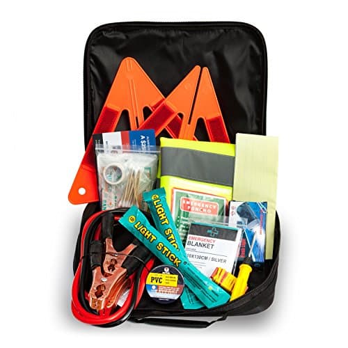 Always Prepared Emergency Road Assistance Kit (62 Pieces) All-In-One Solution: Includes 8-Gauge Jumper Cables, Self-Powered LED Flashlight, Emergency Triangles, First Aid Kit, Light Sticks And More