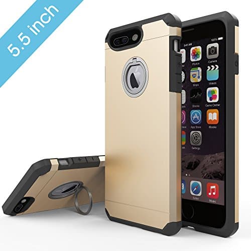 TOP COVER Dual Layer Armor Shockproof Case Cover Built-in 360 Rotating Grip Ring Holder Kickstand for Apple iPhone 7 Plus (Gold)