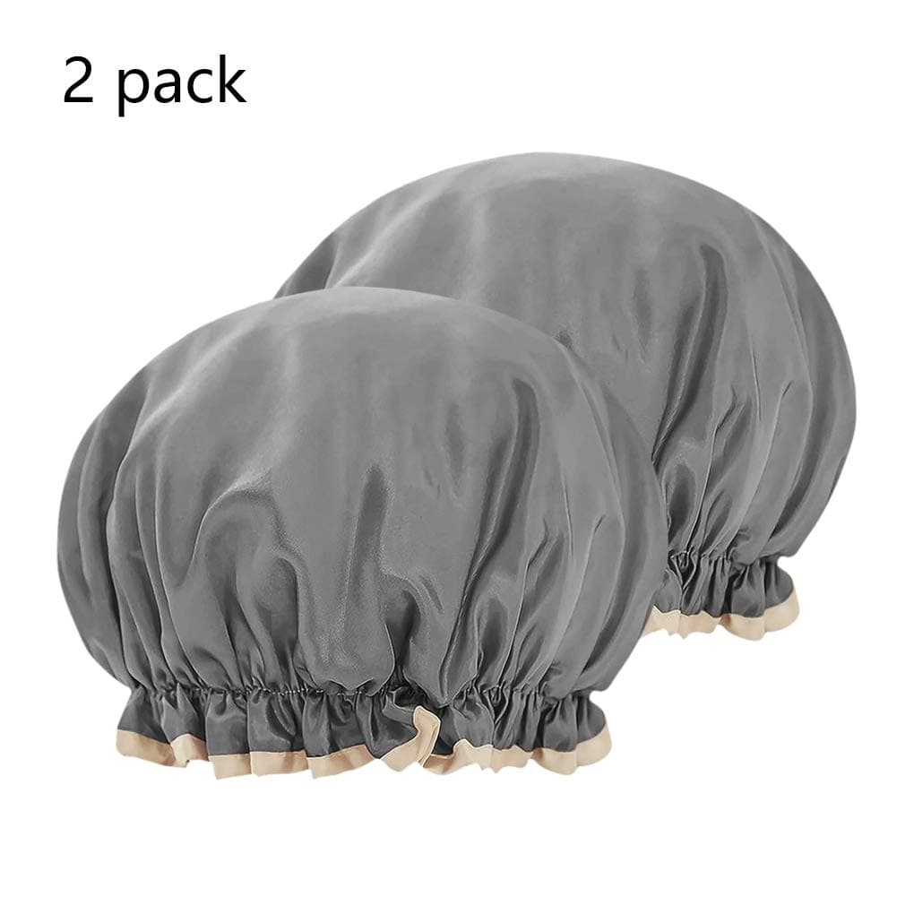 2 Pack Double-Layer Shower Cap Women Waterproof Polyester Bath Hats High Elastic Solid Color Bathing Cover Reusable Hair-dying Makeup Cap Foldable Headgear Caps for Shower Spa Makeup Cooking Salon