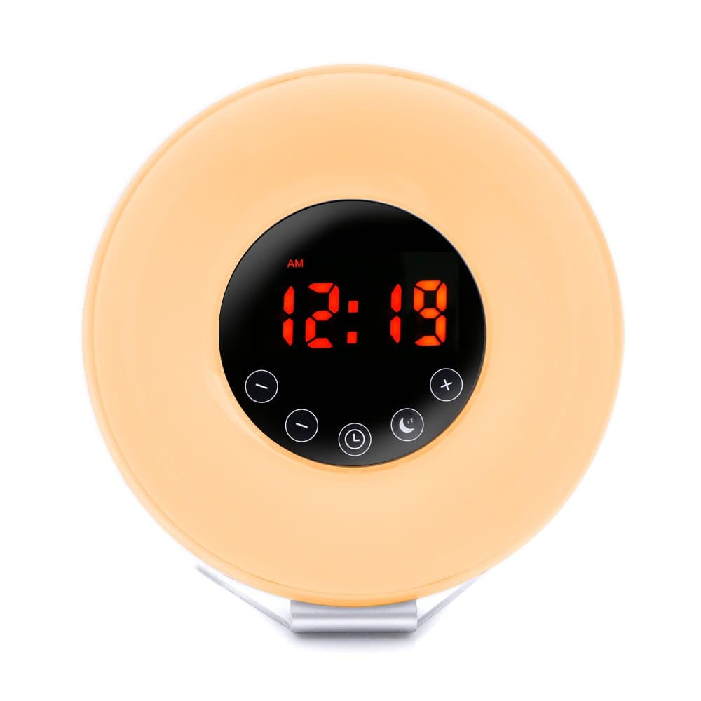 Alarm Clock, 7 Colourful Bedside Lamp with Sunrise，Wake-Up Light Alarm Clock，Touch Control Morning Alarm Light with Snooze Function Night Light