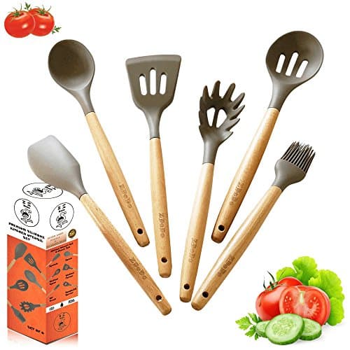 ZDodo Premium Kitchen Utensil Set - 6 Piece Grey Silicone Cooking Utensils Set with Beech Wood Handles for Nonstick Cookware
