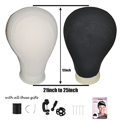 Canvas Block Head For Wig Making Manikin/Mannequin Head Beige/Black Color With Stand Holder / Dome Cap & T-pins 21"/22"/23"/24"/25" (25inch, black)