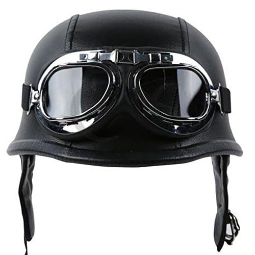 Vintage Leather Helmet With Pilot Goggles | Aviator German Style 1/2 Half Face Helmet With FREE Storing Bag | Perfect For Cruiser, Scooter, Touring or Chopper Motorbikes SZ (Midium)