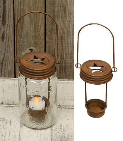 Mason Jar Star Lid Tea Light Holder Rusty Finish Primitive Country Rustic Light