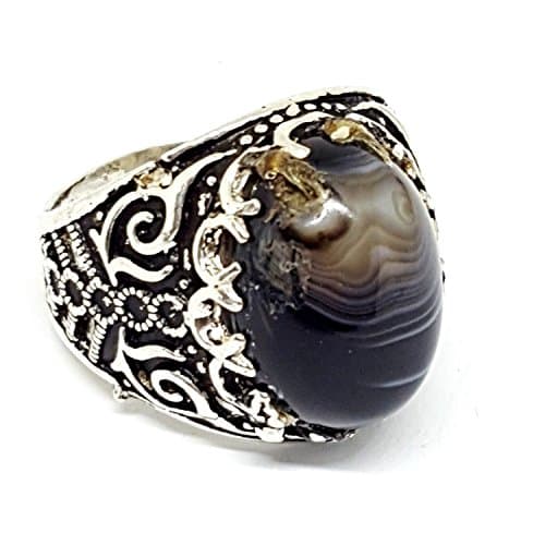 nice handmade 925 sterling silver men ring natural black agate aqeeq akik stone