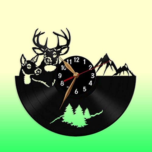 Deer Wild Animals Vinyl Recor Wall clock 12" (30cm), Modern, Animal Wall Decor, Black Wall Art Decor (Black clockface, Arabic digits, Gold-colored hands), Hunting Gifts