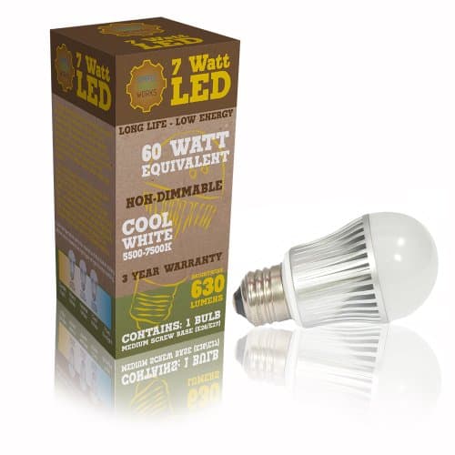 7w LED Bulb A19 Cool White (6000K) 630 Lumen, UL listed (fire safety certified), Non-dimmable, Best energy saving replacement bulbs for 50w and 60w bulbs at home or the office- Save over 85% on lighting bills- 100% Money Back Guarantee!