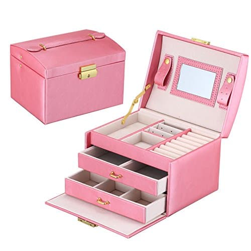 Yunan Leather Jewelry Box Storage Organizer Drawer three-layer lint Travel Case Lock Makeup Mirror