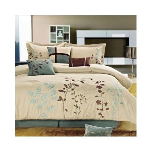 Modern Comforter Floral Bedding Set Blue Brown Off White with Shams and Pillows (queen) Includes Scented Candle Tarts