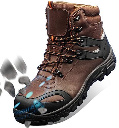 Composite Toe Work Boots for Men, Safety Shoes Slip Resistant Anti-Static Leather Work Boots Brown Size 9