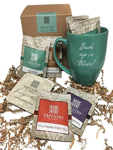 Exotic Tea Collection Gift Box Selection Premium Specialty Teas, Chamomile, Green, White, and Masala Chai, Tea Bag Packets, Tea Mug with Coaster