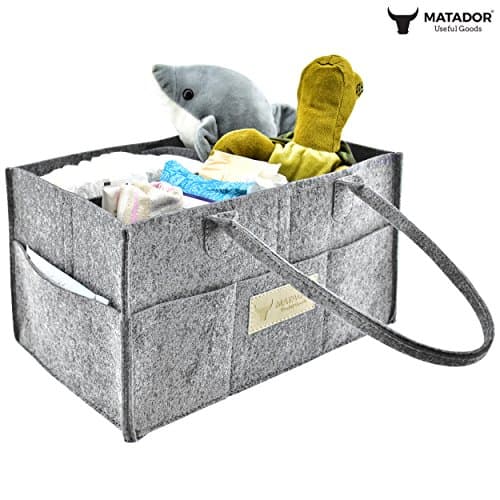Baby Diaper Caddy Organizer - Nursery Storage Bin for Changing Table and Car, Portable Holder Bag, Newborn Baby Essentials - Grey, Felt - Matador Useful Goods