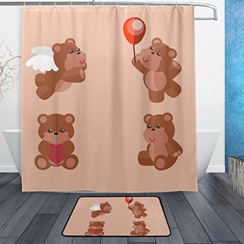JIUMEI Cute Teddy Bear Baby Decorative Waterproof Polyester Fabric Shower Curtain 66 Inchx72 Inch With Hooks Nonslip Doormat Bath Floor Mat 23.6 Inchx15.7 Inch Bathroom Doormats