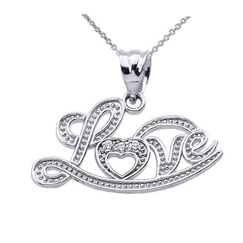 Exquisite 10k White Gold "Love" Script Diamond Pendant Necklace, 20"