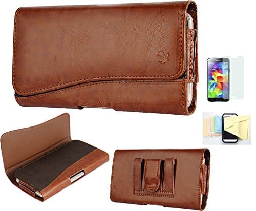 Galaxy S6 Premium Brown PU Leather Pouch Protective Phone Carrying Case with Belt Clip Belt Loops Holster Momiji [Screen Guard] Protector, Cleaning Cloth [Galaxy S6]