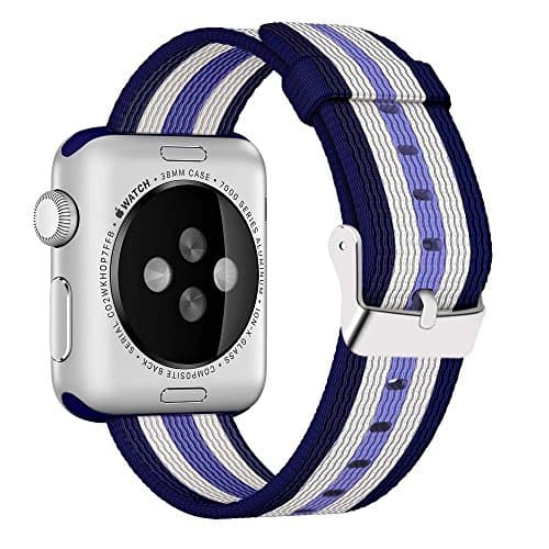 Yichan Woven Nylon Fabric Wrist Strap Replacement Band with Classic Square Stainless Steel Buckle for Apple iWatch Series 1 / 2 / 3,Sport &amp; Edition,42mm,Lilac White Darkblue Stripes
