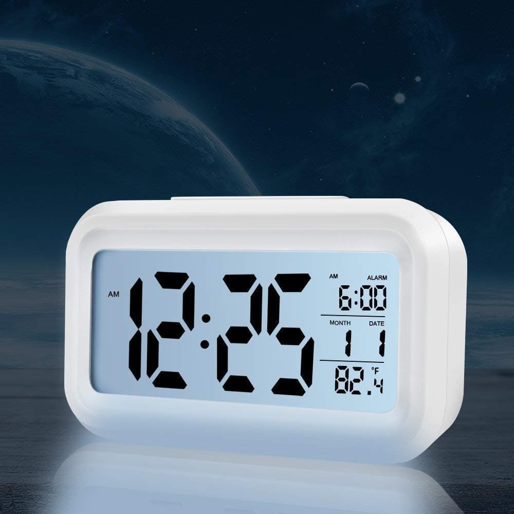 shsyue Electronic Digital Alarm Clock, Electronic Bedside Alarm Clocks with Smart Backlight, Snooze Function,Calendar and Temperature LED Alarm Clock (White)