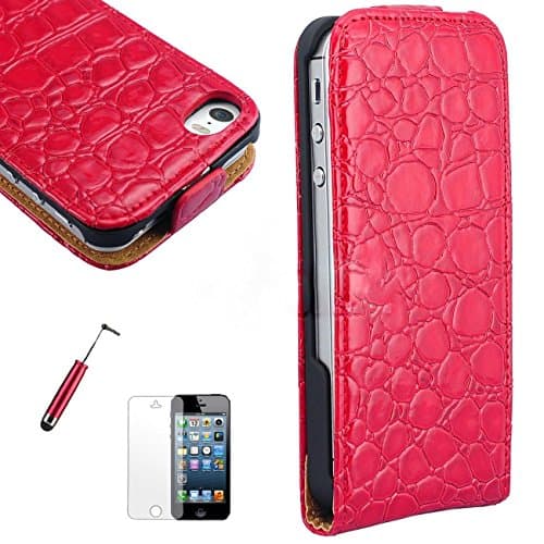 iPhone 5 Case, Ovis iPhone 5/5S Alligator Crocodile Leather Wallet Flip Pouch Cover Holster Apple iPhone 5S/ 5 / Film Pen (Red)