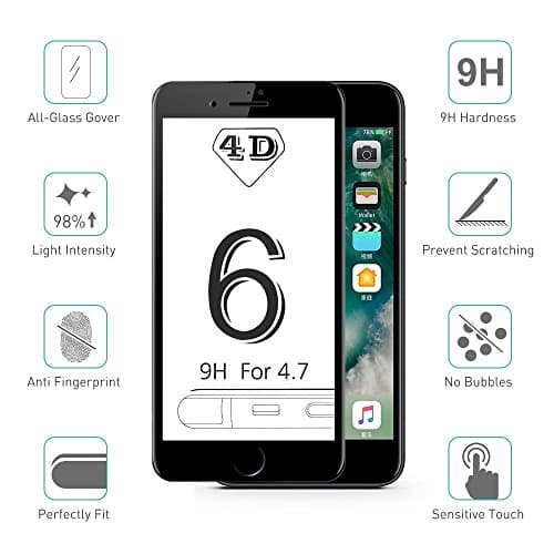 iPhone 6 6S Screen Protector Tempered Glass Film 4D Edge To Edge Full Coverage Curve Protection Protectors by RICKI (iPhone 6 / 6S Black)