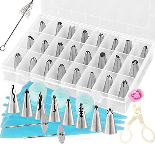 42 Pcs Cake Decorating Tips kit with 32 Stainless Steel Icing Tips Set 3 Silicone Pastry Bags 3 Reusable Couplers 1 Flower Lifter 2 Flower Nails 1 Cleaning Brush for Cakes Cupcakes Cookies Pastry