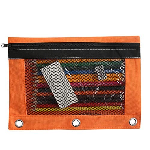 Asmo 3 Hole Binder Pencil Pouch with Mesh Window – Fits in 3-Ring Loose Leaf Binder – Double Pockets - Water Resistant Interior - Case for School Supply Accessories, Makeup and Art Supplies Organizer,colors may vary