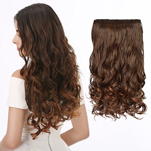 CNLONG 20" Wave Curly Hair Extension 3/4 Full Head Clips in Synthetic Hairpieces for Women 5 Clips 4.6 oz per Piece1-Pack - Chestnut&amp; Dark