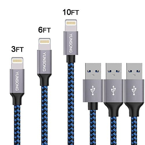 Lightning Cable, YUNSONG 3PACK (3FT,6FT,10FT) Nylon Braided Charging Cable Cord Lightning to USB Cable Charger Compatible with iPhone 7/ 7 Plus/6/6s/6 plus/6s plus/ 5s/5c,iPad, iPod and More (Blue)