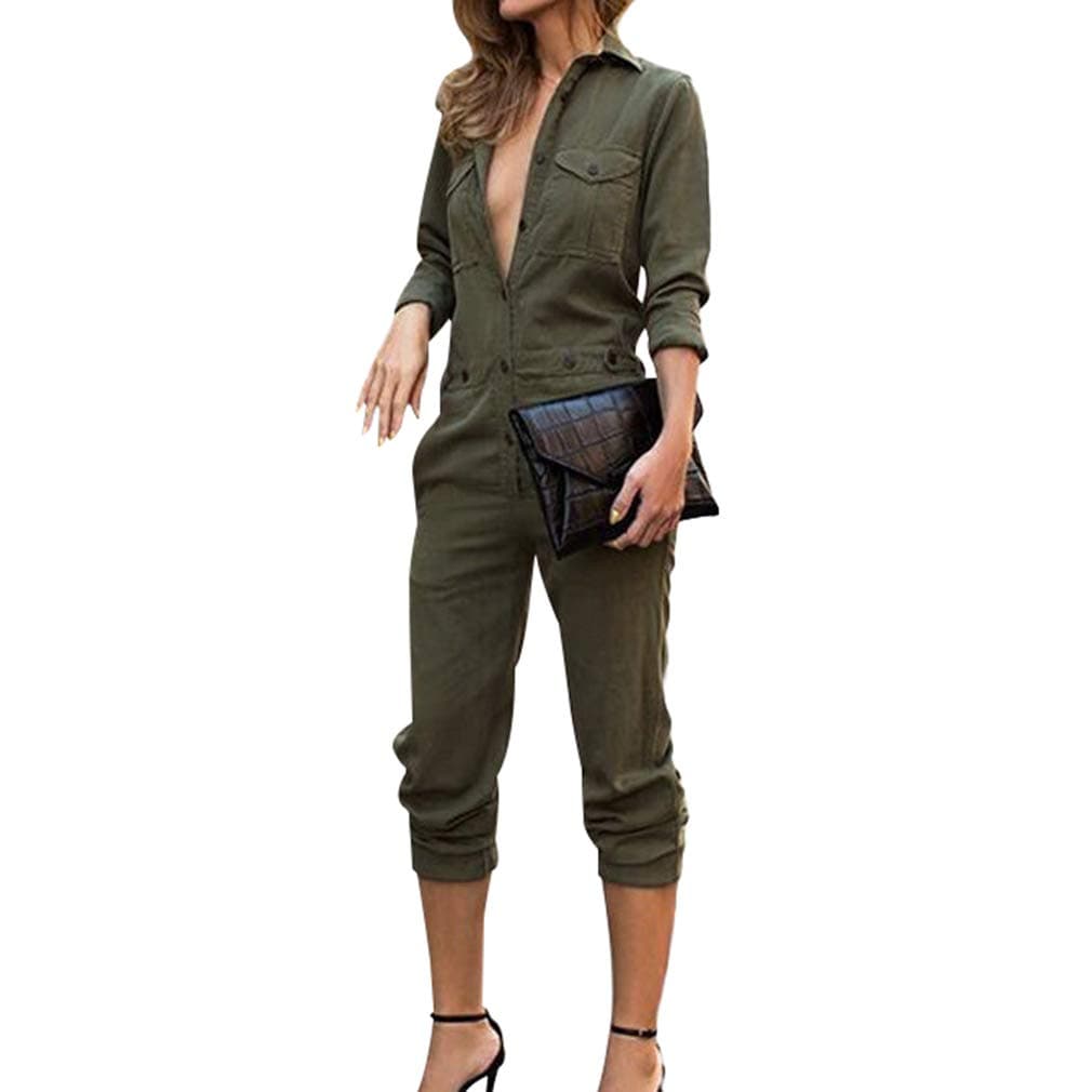 Women's Jumpsuits, Casual Top with Elegant Regular Fit Pants Playsuit, Ladies Sexy Deep V-Neck Long Sleeve Jumpsuit Clubwear Bodycon Playsuit Romper