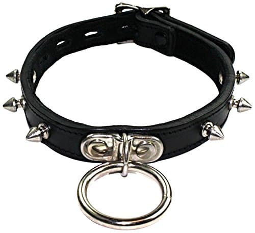 Slap Leather Large Neck Collar with Spikes and Ring in Black Leather with Black Suede Lining