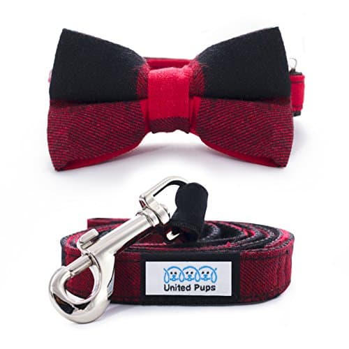 Cool Pups Red Gingham Plaid Collar with Bow Tie and Leash by United Pups (Medium)