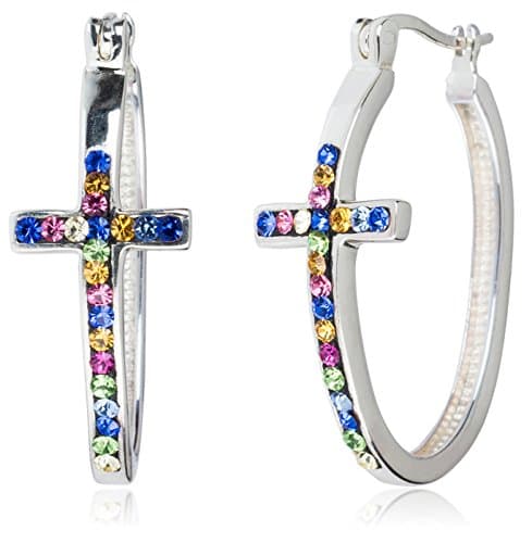 Carly Creations Fine Silver Plate Crystal Cross Hoop Earring - Multi