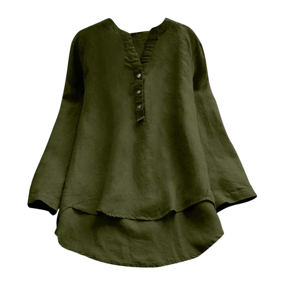 Womens Blouse Long Sleeve Vintage Loose Button Solid Tops Shirt Pullover