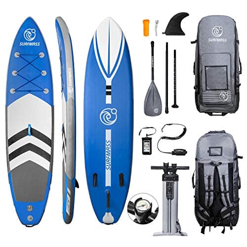 SURFMASS Inflatable SUP 11’ L x 6” T x 32” W Stand Up Paddle Board Stance iSUP with Adjustable Fiberglass Paddle, Dual Chamber Hand Pump, Wheeled Travel Backpack, Safety Ankle Leash, Fin