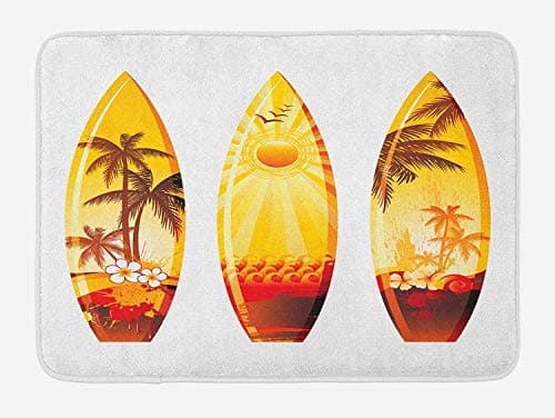 Surfboard Bath Mat, Colorful Surf Boards Birds Exotic Landscape Scenery Silhouette, Plush Bathroom Decor Mat with Non Slip Backing, 23.6 W X 15.7 W Inches, Earth Yellow Orange Burgundy